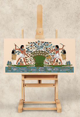 Reproduction of a tomb painting from the 18th Dynasty tomb chapel of Nebamun, with a reconstruction of the missing elements.