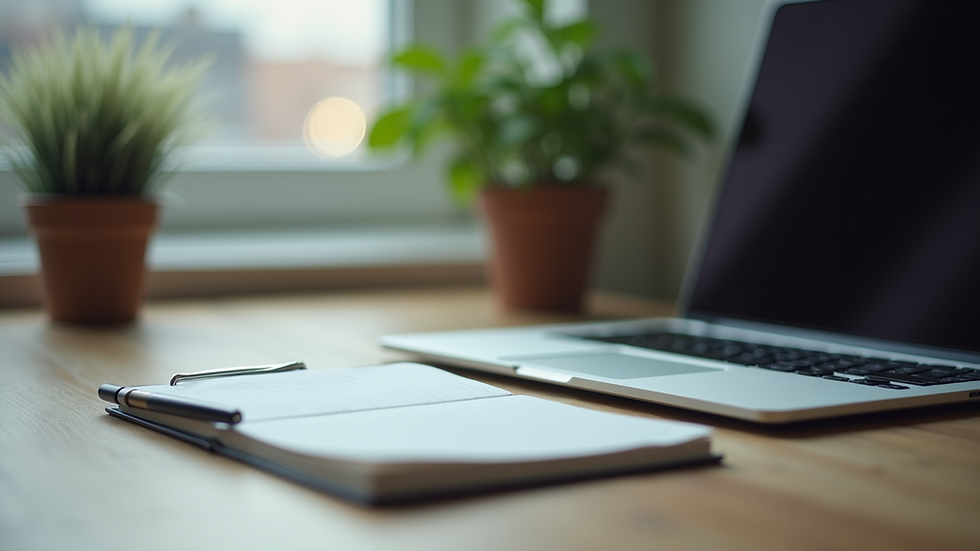 Close-up view of a modern workspace with a laptop and a notebook
