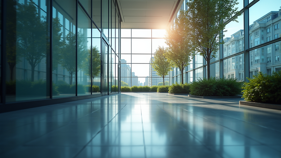 Eye-level view of a modern office building with large glass windows
