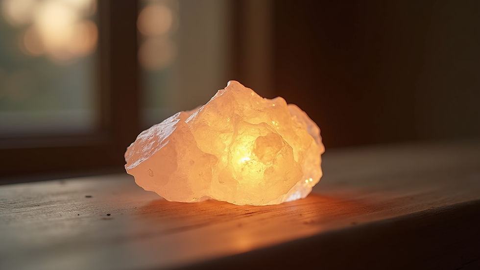 Close-up view of a softly glowing crystal on a wooden surface