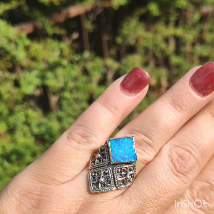 Thumbnail: filigree oxidize square sterling silver 925 and blue opal Ring