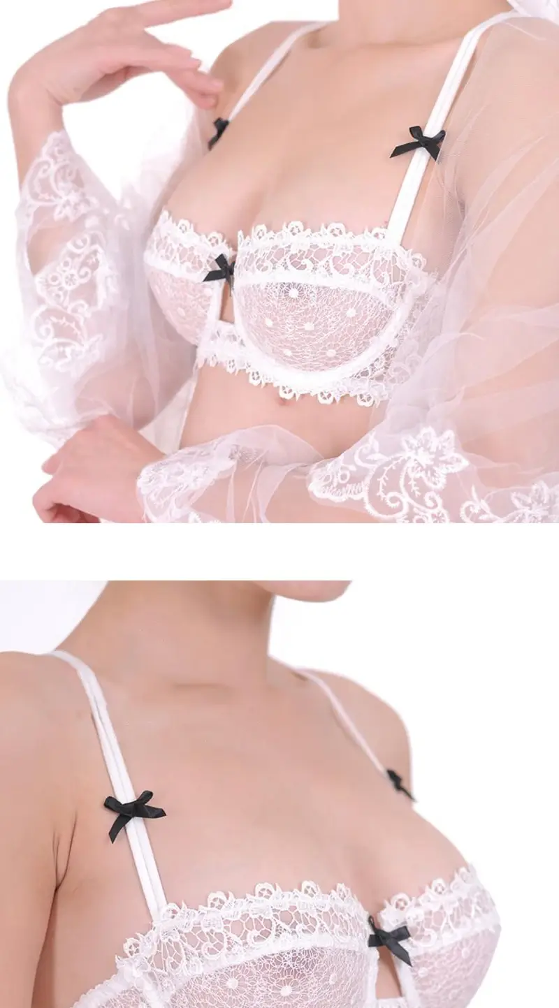 Thumbnail: KUCLUT Plus Size Sexy Half Cup Lace Bra Sheer Mesh Unlined Bralette for Women A 