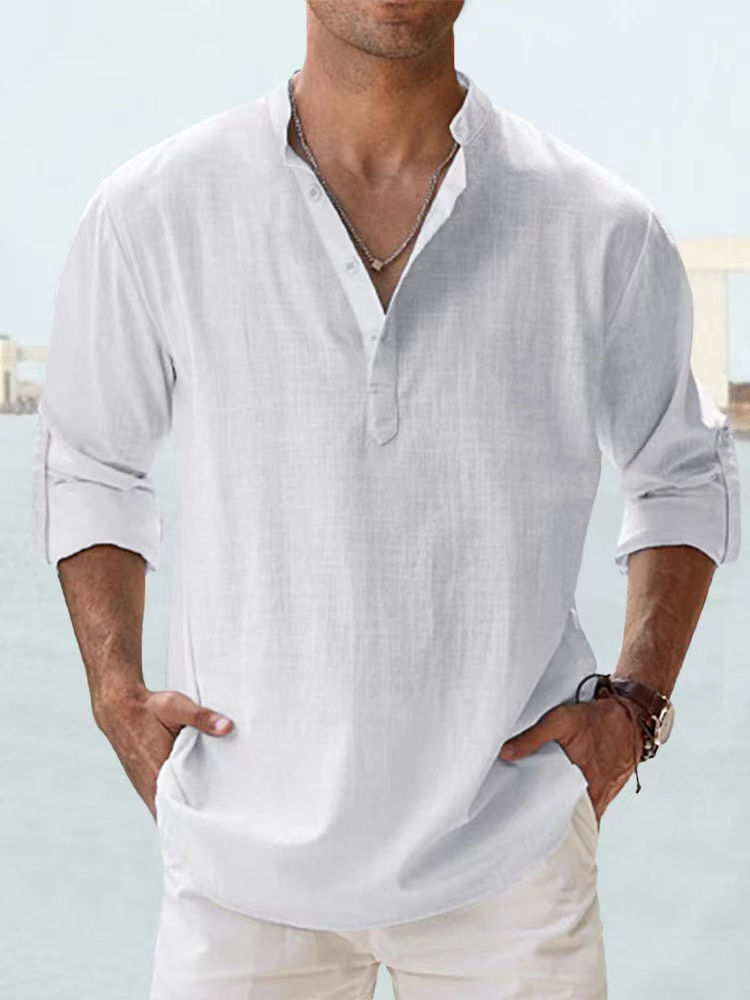 Thumbnail: New Cotton Linen Shirts for Men Casual Shirts Lightweight Long Sleeve Henley Bea