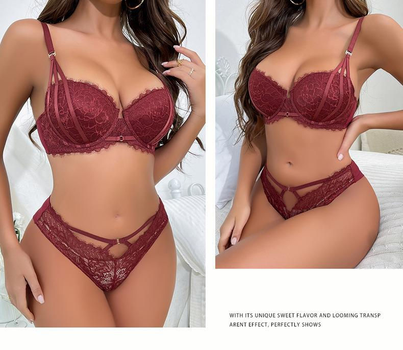Thumbnail: 5 Color Fashion Women Lingerie Set Sexy Hollow Push Up Bra Lace Flowers Embroide