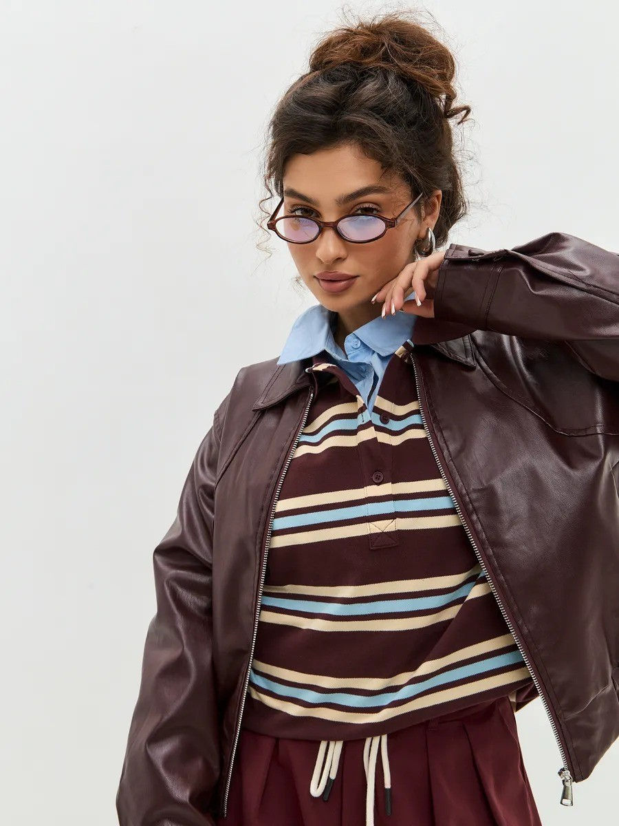 Thumbnail: Autumn Casual Stripes Contrast Long-sleeved T-shirt Women Button Lapel Polo Shir