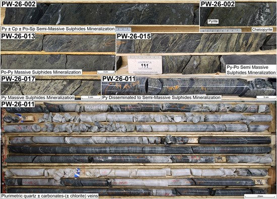 Figure 10: Photos de carottes provenant de plusieurs trous de forage sur la propriété Perron West, montrant la minéralisation de sulfures en quantité significative et les veines de quartz forées. Amex planifie des forages de suivi autour de ces cibles.