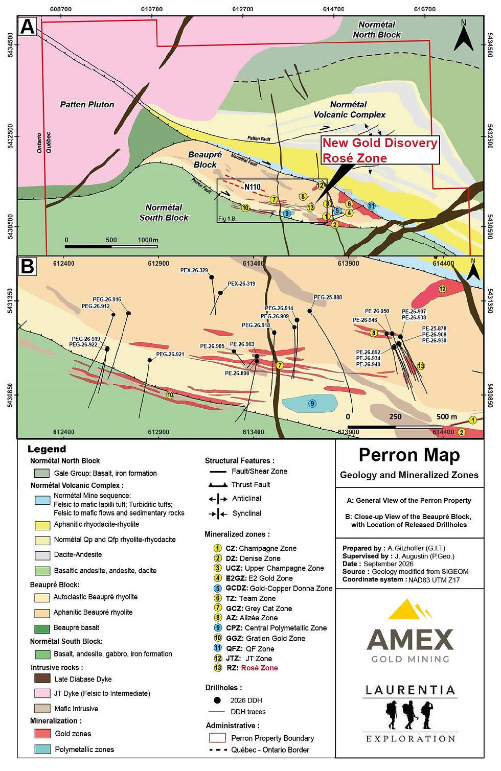 Figure 1: Carte géologique du projet Perron, indiquant l'emplacement de la nouvelle zone annoncée aujourd'hui (Rosé Zone - 13) ainsi que les trous de forages.