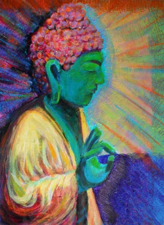 side view of Buddha Facing the Light with mudra - original colorful spiritual acrylic painting by Heni Sandoval