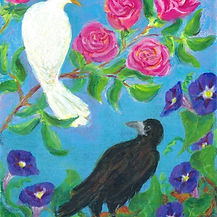 white dovw w/ roses, black crow with  morning glory - original acrylic painting by Heni Sandoval