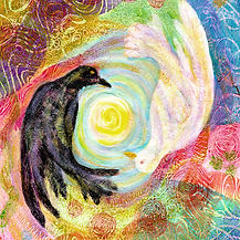 Crow and Dove around the sun folk art symbolizing balance original colorful acrylic painting by Heni Sandoval
