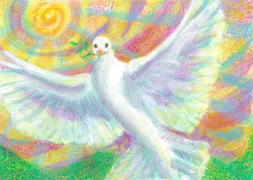 Soaring White dove with olive branch  with colorul sun backgrond original arcylic painting by Heni Sandoval