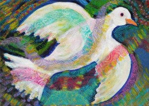 folk art white dove with colorful  background original acrylic painting by Heni Sandoval
