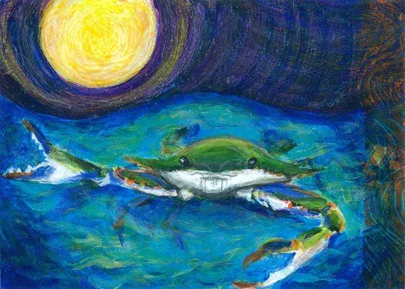 blue crab in ocean with Full moon symbolizing Cancer original sealife acrylic painting by Heni Sandoval