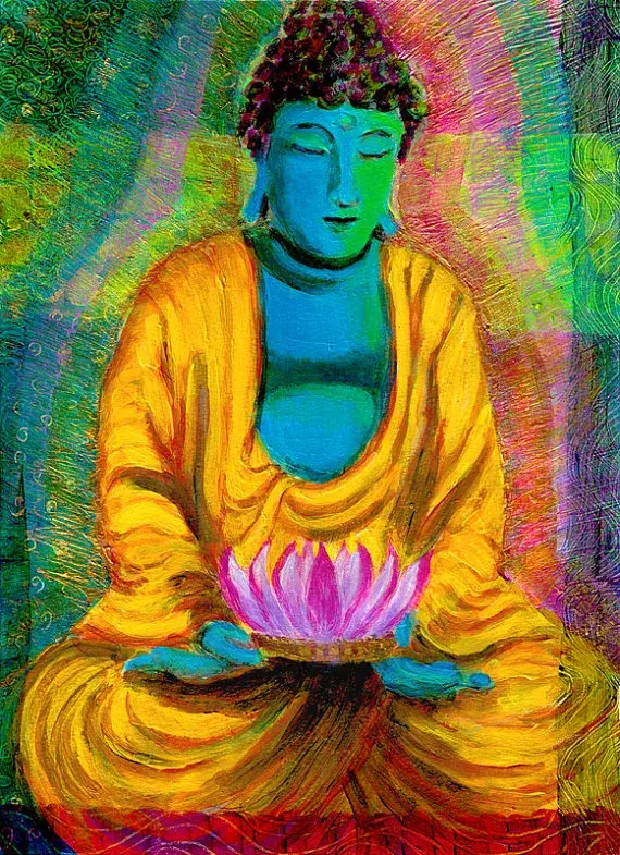 Blue Buddha with Lotus - original colorful spiritual acrylic painting by Heni Sandoval