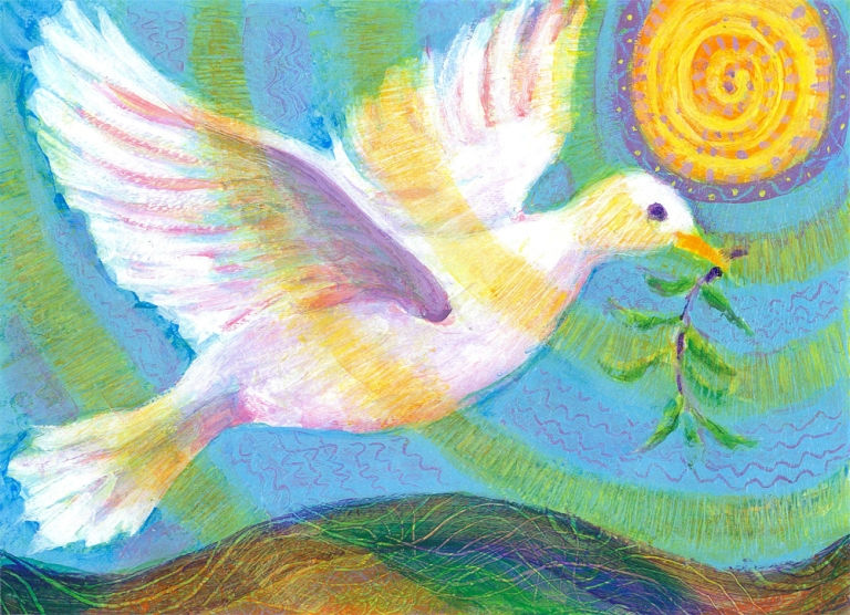 flying White dove with olive branch with sunshine original acrylic painting by Heni Sandoval