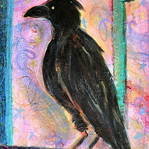 Black Crow standing an a window ledge with colorful background original acrylic painting by Heni Sandoval