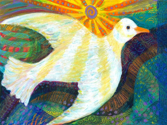 folk art white dove with colorful background and sun rays original acrylic painting by Heni Sandoval
