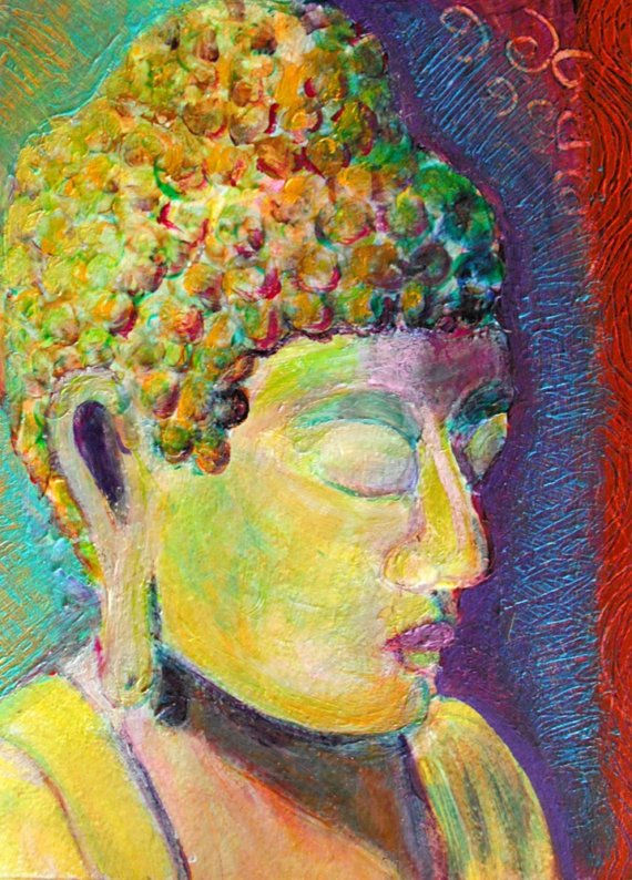 Buddha - an original colorful spiritual acrylic  painting of the close-up side view of Buddha's head by Heni Sandoval