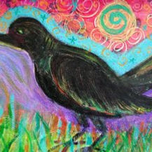 Magic Black Crow standing in grass with a whimsical sky and sun, whimsical orignal painting by Henni Sandoval