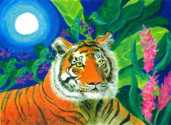 Tiger in jungle with full moon - original colorful wildlife painting by Heni Sandoval