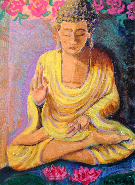 yellow robed sitting Buddha with Lotuses - original colorful spiritual acrylic painting by Heni Sandoval