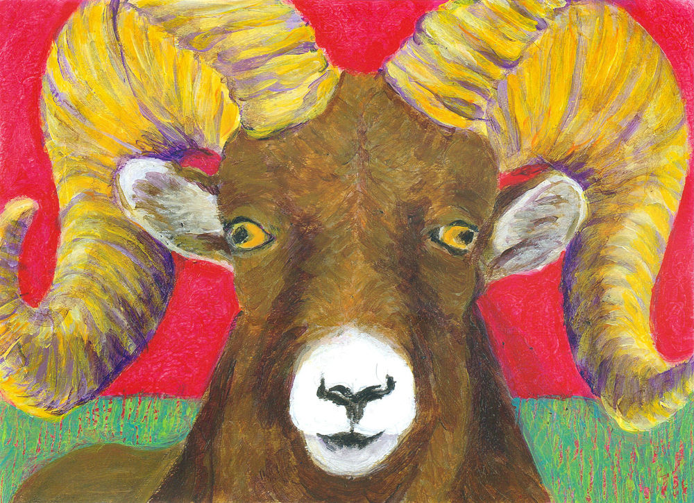 Ram with red background - Aries symbol original whimsical colorful acrylic painting by Heni Sandoval