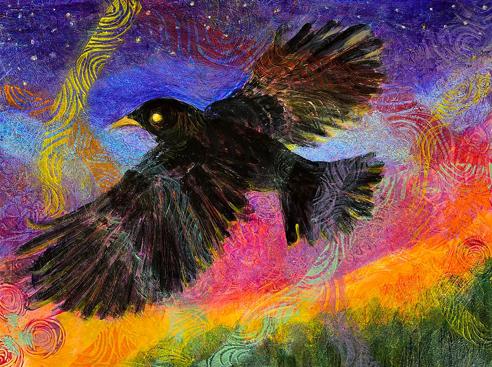 Black Crow Flying through colorful night sky original whimsical acrlylic paintng by Heni Sandoval