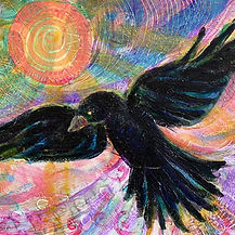 Black Crow flying with sun and colorful background original whimsical acrylic paintng by Heni Sandoval