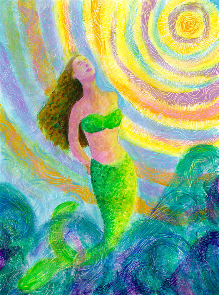 Mermaid Basking in the Sun - original whimsical fantasy acrylic painting by Heni Sandoval