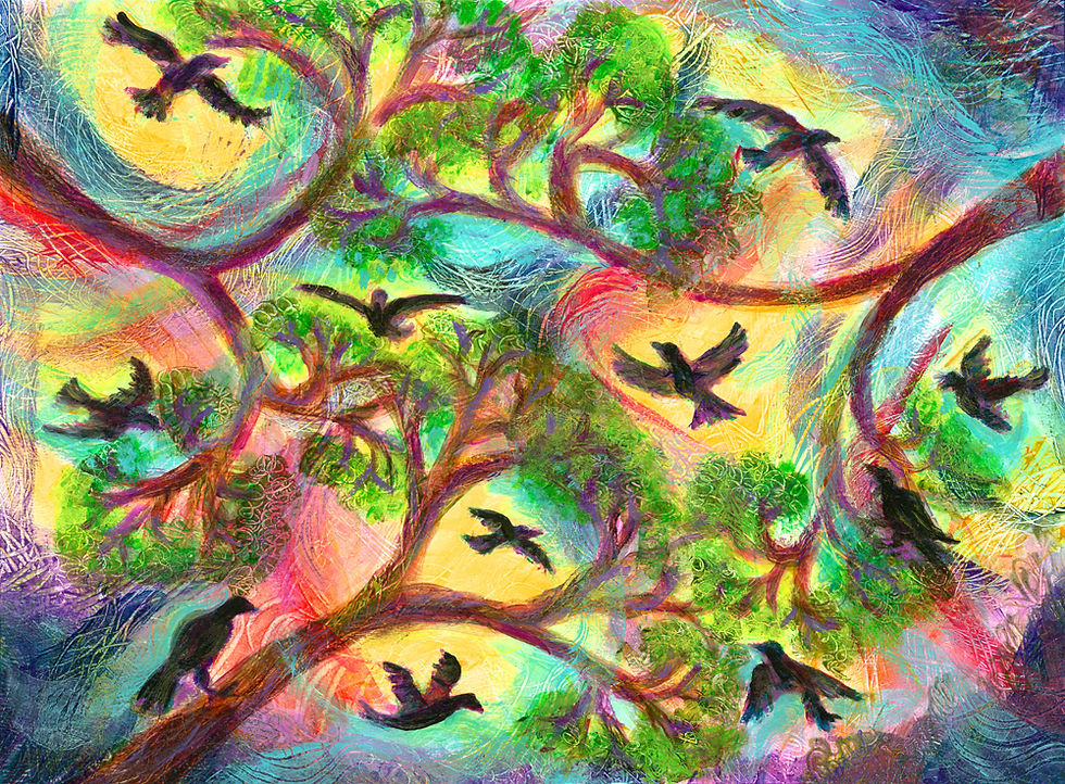 Murder of Crows with movement and layers of colors through the sky & tree branches original acrylic painting by Heni Sandoval