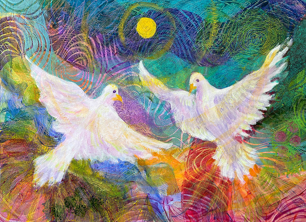 Two white doves in colorful abstract background with sun original acrylic paintng by Heni Sandoval