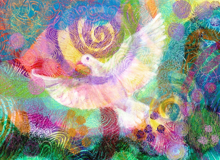 soaring white dove with colorful abstract background origina acrylic painting by Heni Sandoval
