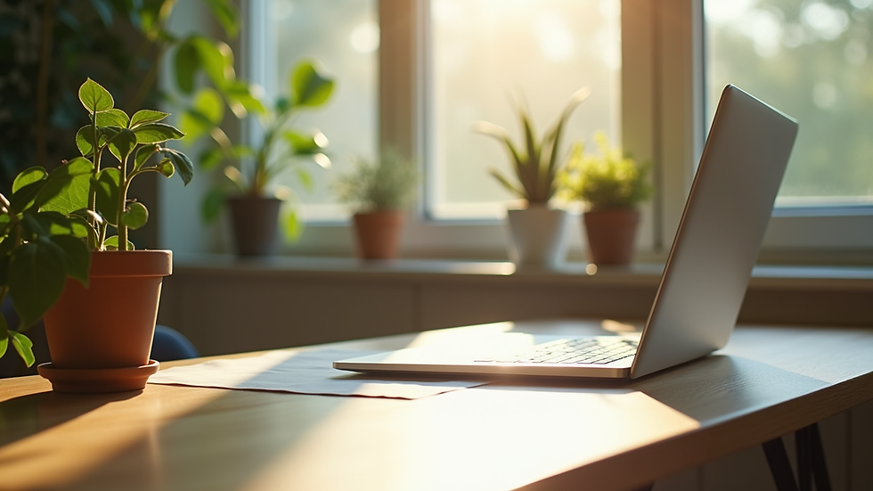 Close-up view of a serene workspace with plants and natural light