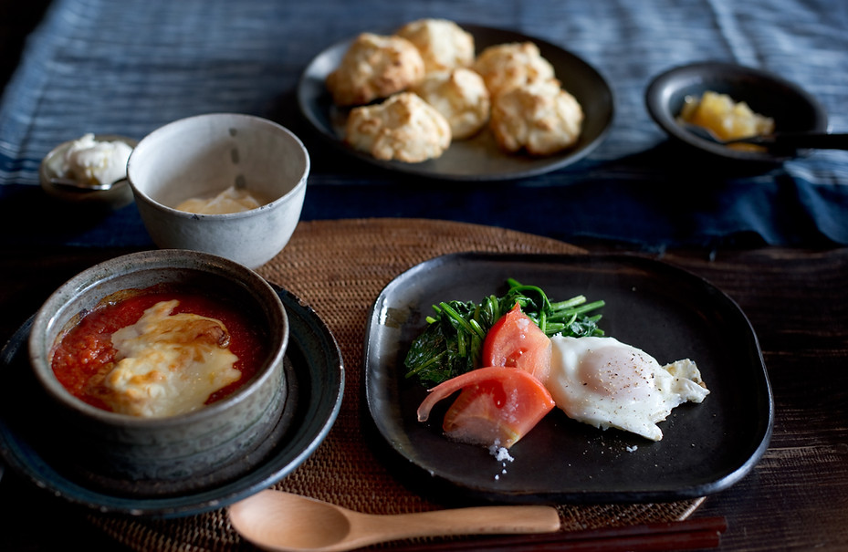 Japanese Breakfast with poached egg, buscuits and sauce