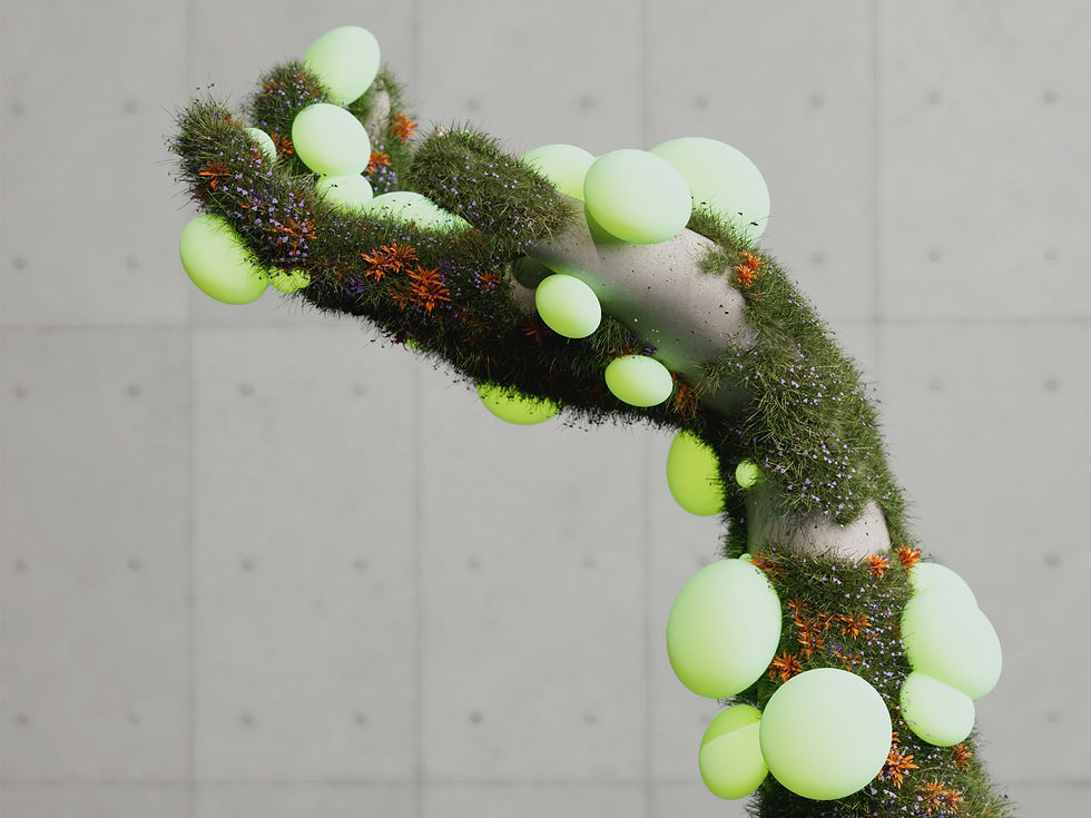 A concrete structure covered in grass, vibrant orange flowers, and glowing green spheres, set against a gray tiled background.
