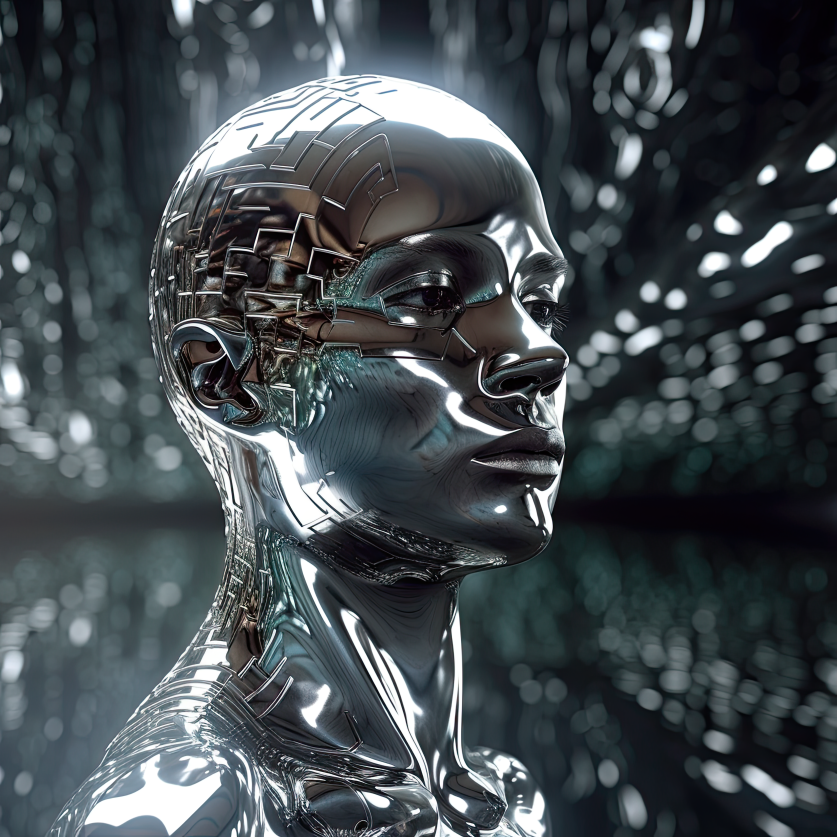Futuristic chrome humanoid with circuit patterns on the head, reflecting light in a metallic abstract setting. Glistening, high-tech vibe.