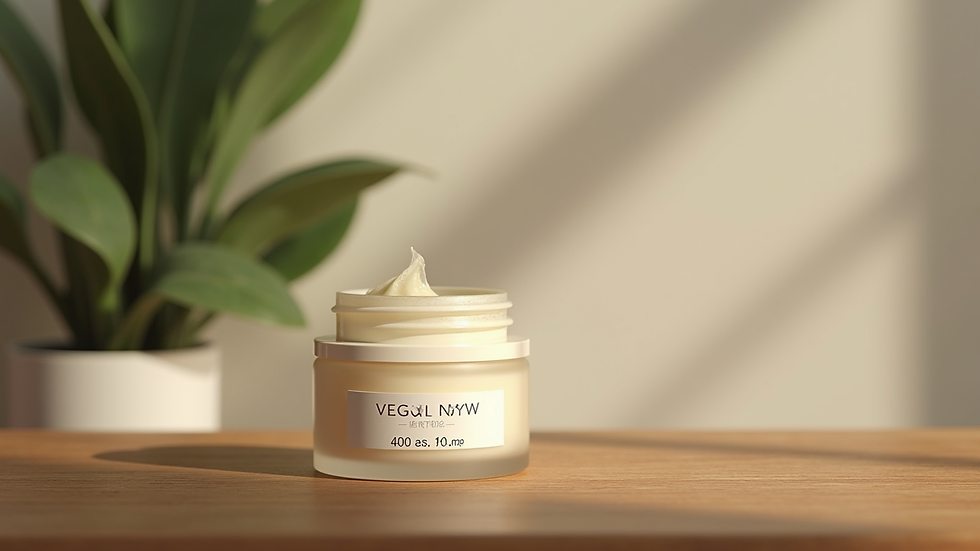 Eye-level view of a jar of vegan facial moisturizer on a wooden surface