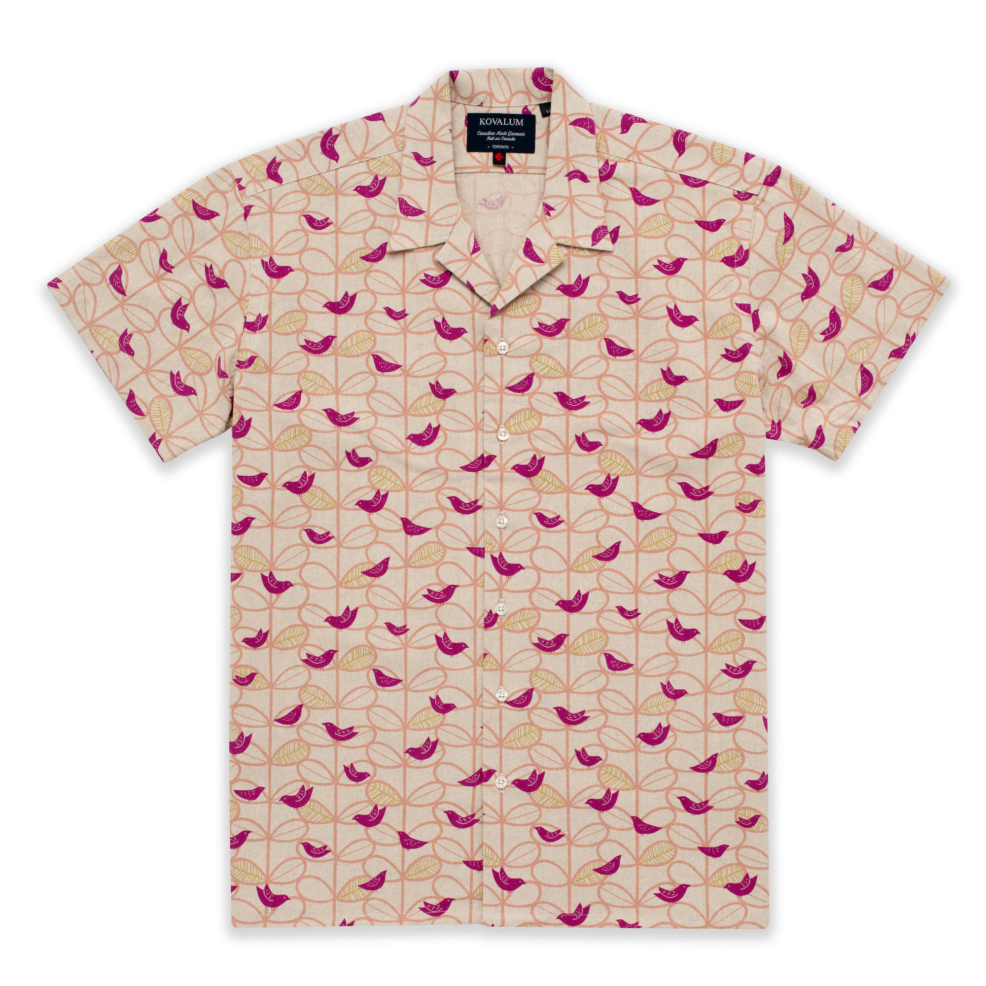cotton camp collar shirt with pink birds