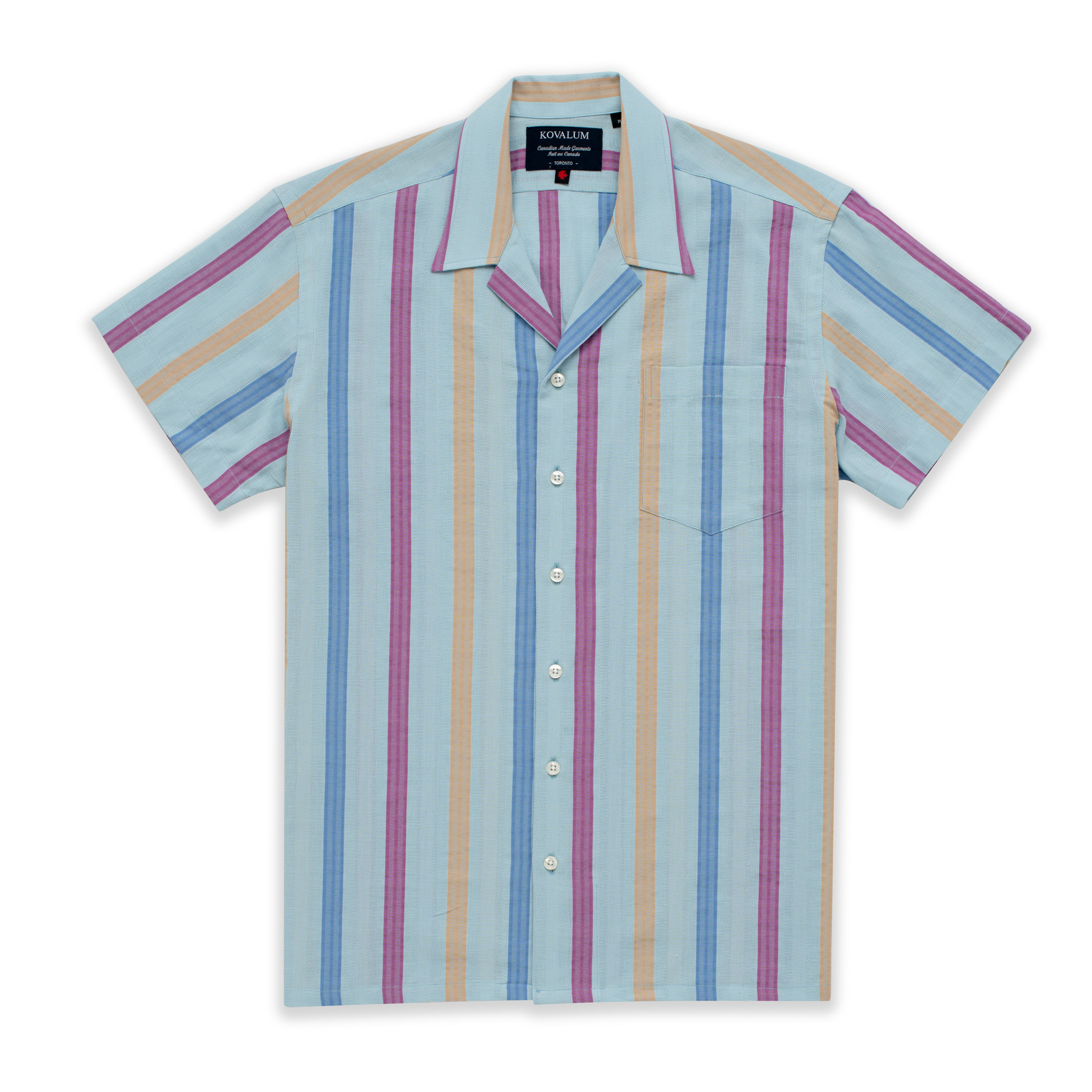Men's camp collar shirt in blue and pink stripes