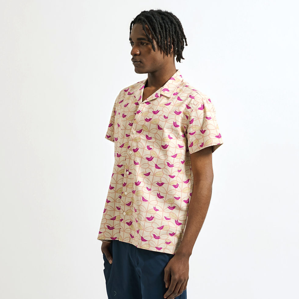 Thumbnail: man wearing cotton camp collar shirt with pink birds