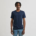 man wearing dark blue t-shirt with v-neck