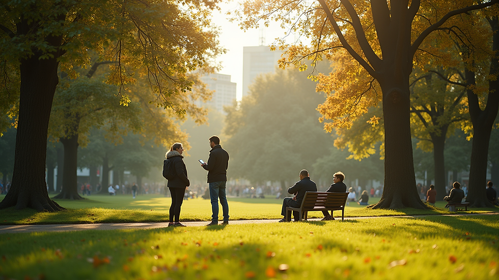 Wide angle view of a peaceful park with people sitting on benches