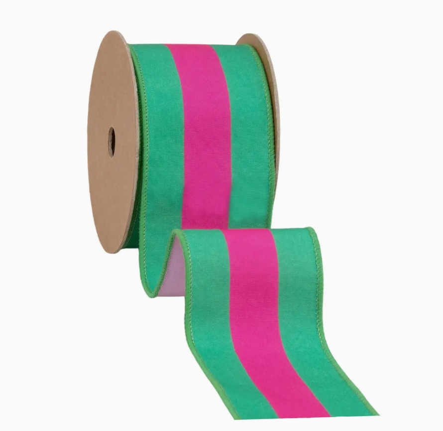 Wired Dupioni Ribbon Hot Pink Green Stripe 10 Yard Roll