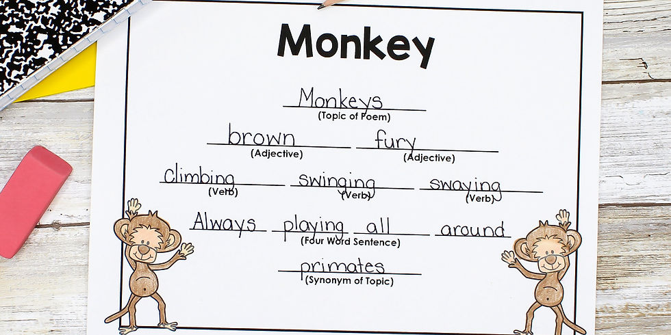 Monkey poem worksheet with handwritten words like brown, fury, climbing, swinging, swaying, and primates, decorated with cartoon monkeys