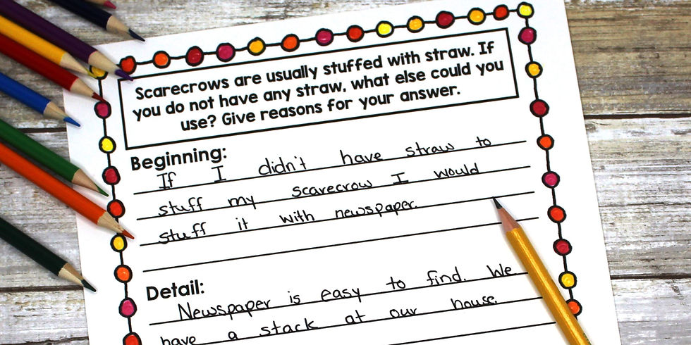 Worksheet about scarecrows stuffed with straw, with handwritten answers and colored pencils on a rustic wooden table.