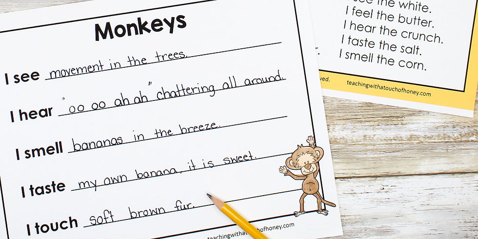 Monkey-themed worksheet with handwritten sensory sentences and a pencil on a wood table; playful classroom feel