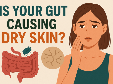Illustration of a woman with dry skin on her face, alongside visuals of intestines, bacteria, and a cracked skin symbol, with the bold headline “Is Your Gut Causing Dry Skin?” displayed across the top.