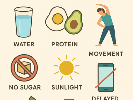 Chart titled "7 Morning Fat-Burning Habits for Women" with icons: water, protein, exercise, no sugar, sunlight, delayed phone, supplement.