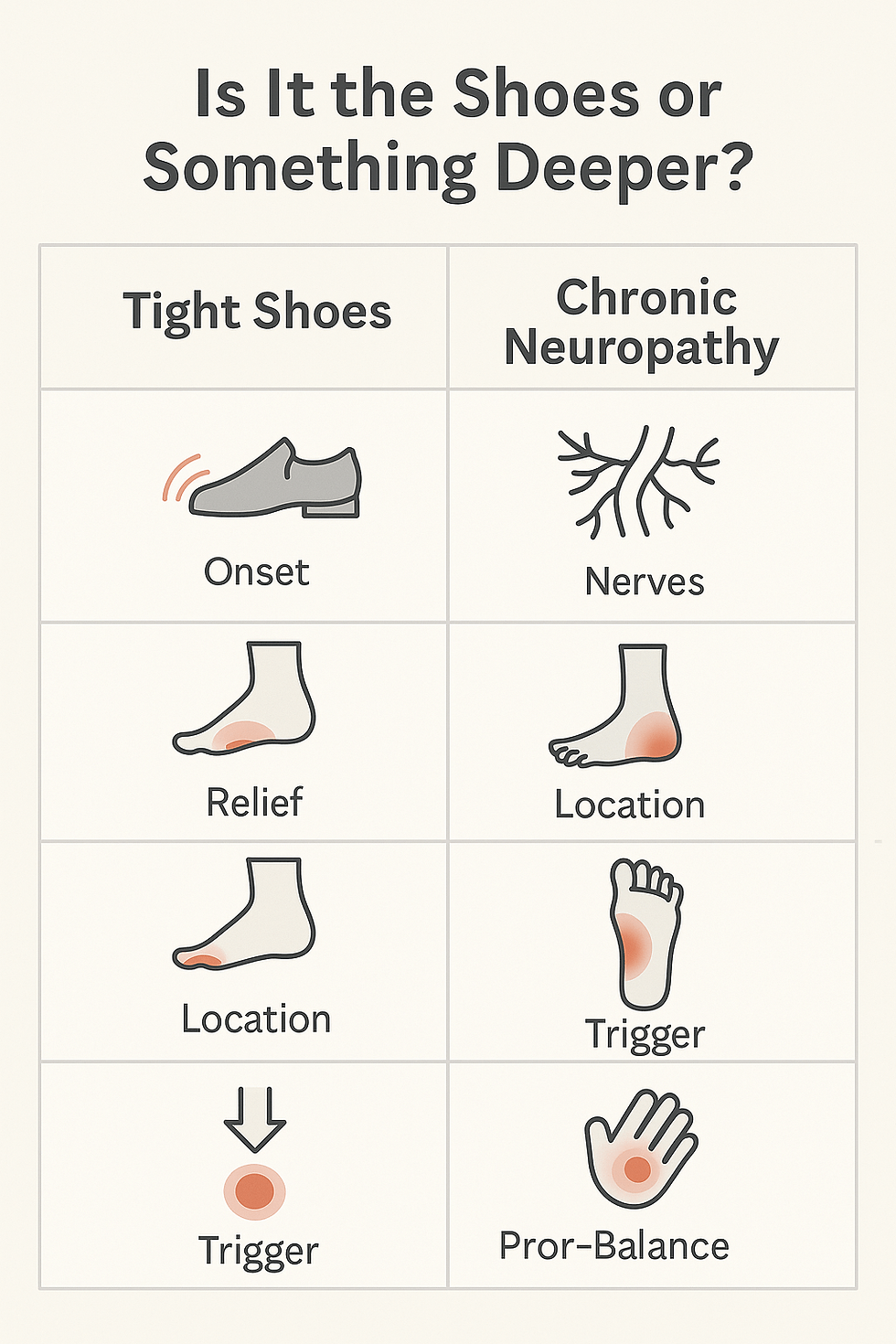 Infographic comparing foot symptoms from tight shoes versus chronic nerve damage