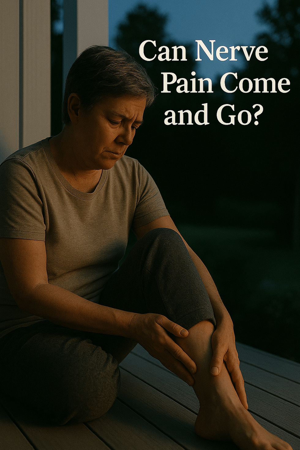 Concerned middle-aged woman sitting at dusk rubbing her lower leg, questioning recurring nerve pain symptoms